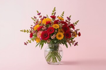 Obraz premium Floral arrangement in a vase with vibrant red, yellow, and purple blossoms