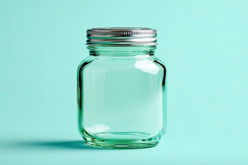 Empty, clear glass jar with a metal lid on a mint-green background