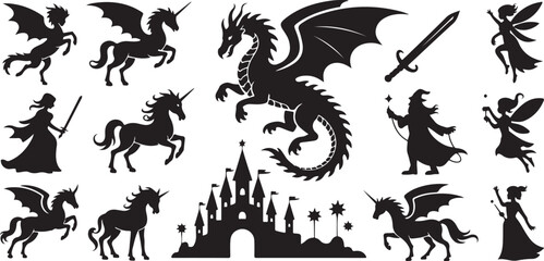 Fantasy creatures and characters silhouettes including dragon unicorn wizard fairy princess and castle