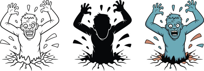 Naklejka premium Cartoon zombie rising from the ground in three different styles
