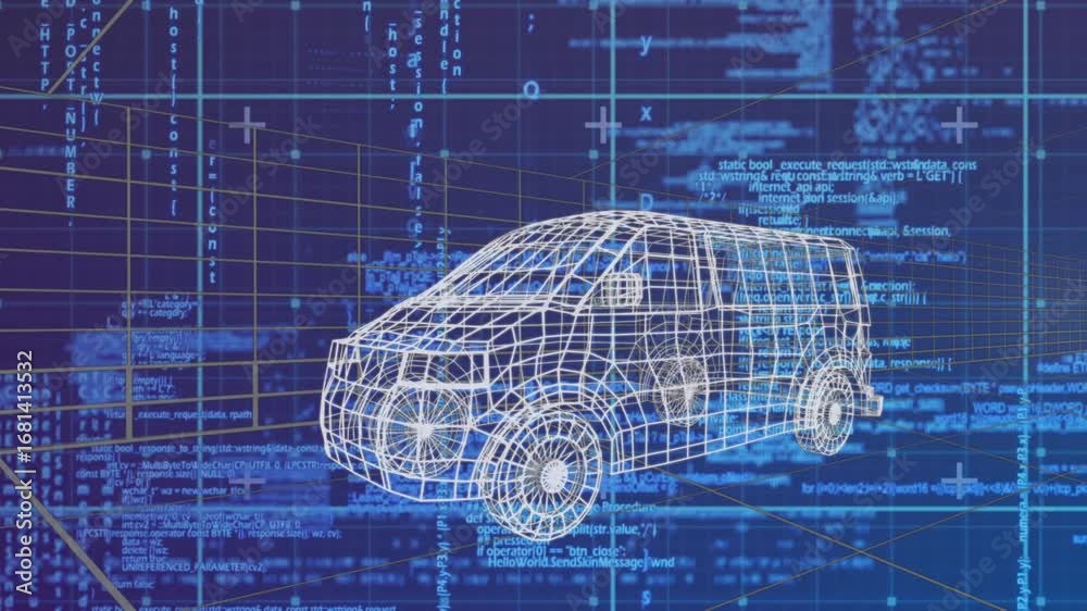 Wall mural animation of 3d car drawing driving with data processing over grid