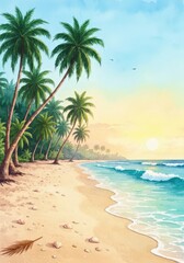 Obraz premium Serene beach scene at sunrise, featuring tall palm trees lining a sandy shore, gentle waves lapping the coast, and a tranquil, clear sky