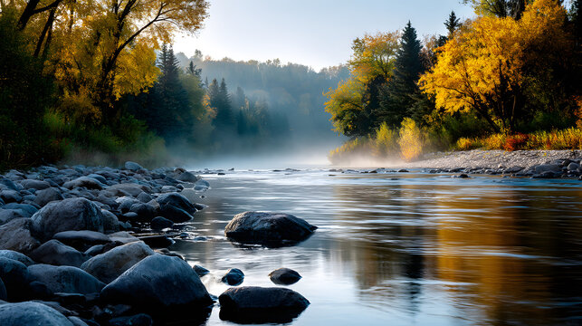 A serene river flowing through an autumn forest withgolden trees and mist genty rising from the water, uder a clear sky.