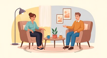 Mental Health Counseling Session Illustration: Man Discussing Problems with Female Therapist in a Calm Office Setting