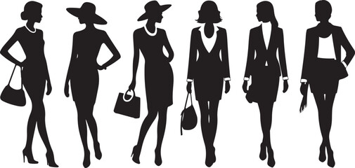 Six black silhouette female fashion figures in various poses and outfits woman style