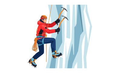 Fototapeta premium Conquering Ice Wall: A determined ice climber skillfully scales a formidable ice wall using ice axes and safety ropes, showcasing courage and adventure.