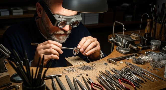 Skilled craftsman meticulously works on intricate jewelry with magnifying glasses and specialized tools - Powered by Adobe