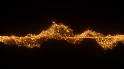 3D render illustration of golden glitter particles forming a wave shape. Golden sand is blown by the wind, sparkling with a bokeh effect.