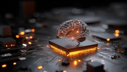 Transparent brain model atop a circuit board, glowing with digital energy