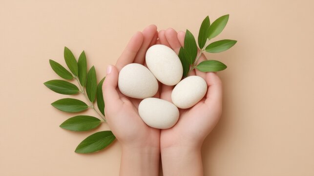 Hands Holding White Eggs Surrounded by Green Leaves on a Soft Beige Background Creating a Minimalist Natural Aesthetic for Creative Projects