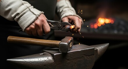 Skilled blacksmith works hot metal with pliers on anvil near forge fire
