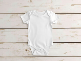 Blank baby onesie, bodysuit mockup, pregnancy announcement background, baby onesie flat-lay with wooden backdrop.