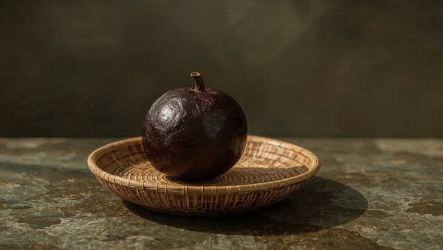 Wooden bamboo plate holding buah keranji fruit, also known as velvet tamarind