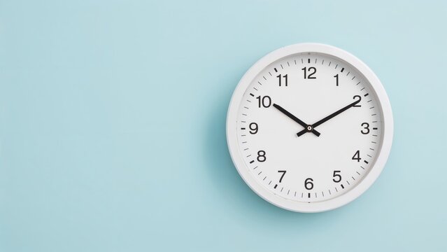 White oversized analog clock on a trendy pastel blue background displaying ten o'clock, close shot with copy space, emphasizing time management and business timing - Powered by Adobe