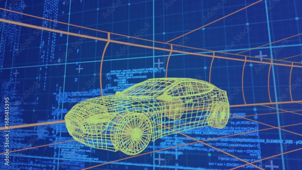 Wall mural animation of 3d car drawing driving with data processing over grid