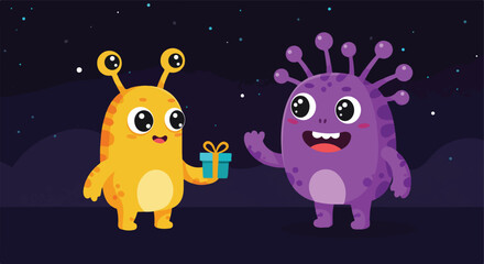 Fototapeta premium Monster Giving Gift To Another Monster, Space Background