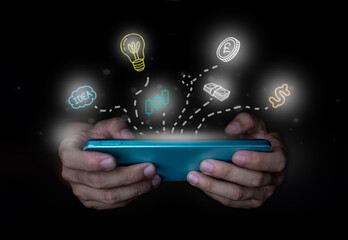 Holding a glowing smartphone, which is a symbol of online finance. Dotted lines connect the device to various digital icons representing financial concepts, stocks, ideas and currencies.