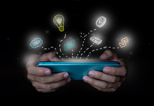 Holding a glowing smartphone, which is a symbol of online finance. Dotted lines connect the device to various digital icons representing financial concepts, stocks, ideas and currencies.