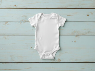 Blank baby onesie, bodysuit mockup, pregnancy announcement background, baby onesie flat-lay with wooden blue backdrop.