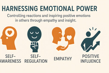 Harnessing emotional power infographic emotional intelligence skills concept, self awareness self regulation empathy positive influence icons, leadership psychology diagram for personal growth, workpl