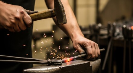 Skilled blacksmith forging metal with hammer and tongs on anvil