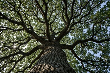 Ancient towering oak tree seen from below, aged over four centuries.