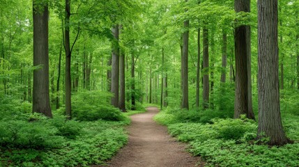Obraz premium Serene Pathway Through Lush Green Forest Surrounded by Tall Trees and Vibrant Foliage in a Tranquil Natural Setting
