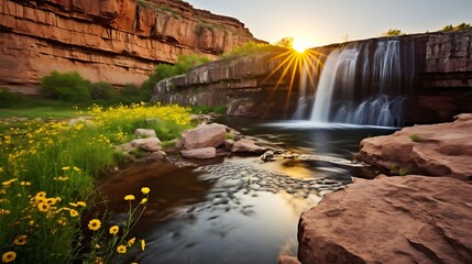 A wide, veil-like waterfall falling over dark brown cliffs into a shallow pool surrounded by yellow and orange wildflowers, golden hour light adding soft highlights.