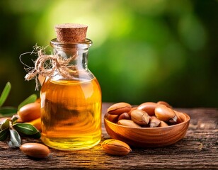 Argan seeds and oil isolated on a white background. Argan oil nuts with plant selecte