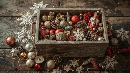 Old-fashioned Christmas-themed toys and adornments presented in a wooden box on a worn table