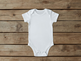 Blank baby onesie, bodysuit mockup, pregnancy announcement background, baby onesie flat-lay with wooden backdrop.
