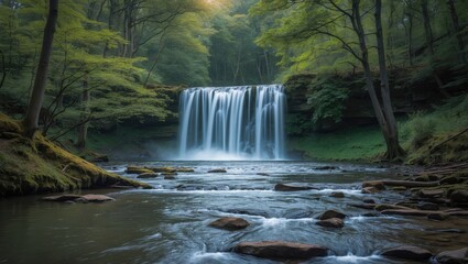 Tranquil waterfall set against a dense woodland backdrop