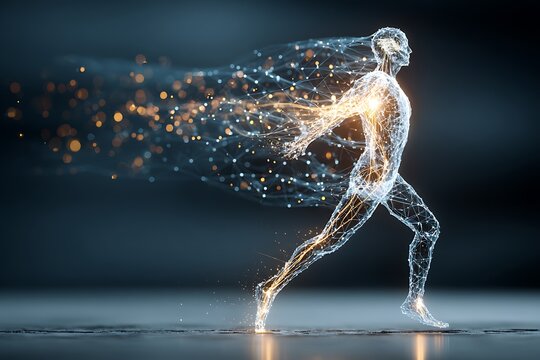 Human form composed of glowing energy lines and particles light motion