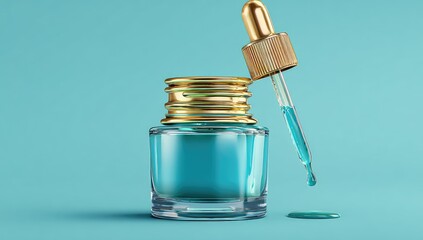 Teal glass dropper bottle, gold cap,  liquid drips
