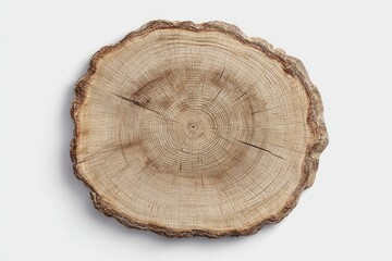 Flatlay of a circular tree trunk slice.  Light tan wood grain,  smooth,  evenly cut.  Top view on white background
