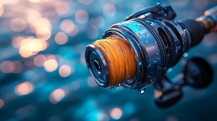 Detailed close up photo of a fishing reel with orange line and water droplets