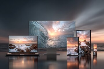 Multiple electronic devices displaying ocean scenes at sunset laptop monitor