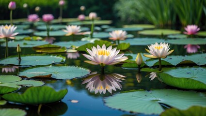 Serene pond filled with waterlilies