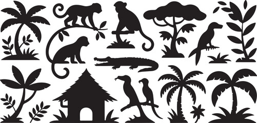 Black silhouettes of jungle animals trees and a hut on white background vector