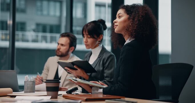 Happy woman, lawyer and meeting with tablet, team and listen for legal consultation at company. Attorney, business people and tech with book, app or attention for policy review at corporate law firm
