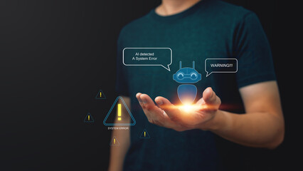 AI robot hologram showing system warning alert with error symbols on human hand. Concept of artificial intelligence detection, system error, risk management, and cybersecurity protection.