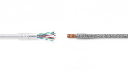 On a white backdrop, a fiber optic and copper cable are displayed, representing the choice of network connection technology.