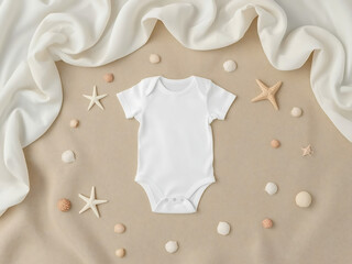 Blank baby onesie, bodysuit mockup, pregnancy announcement background, baby onesie summer flat-lay with seashells and star fish, Mediterranean chic, tropical theme. Neutral palette flatlay.