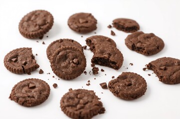 Using clipping path and full depth of field, shattered chocolate cookies are separated on a plain backdrop. Viewed from above. Positioned flat.
