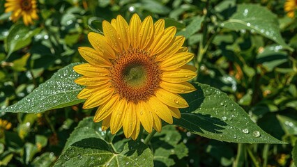 Obraz premium Moist sunflower displaying bright yellow and lush green shades
