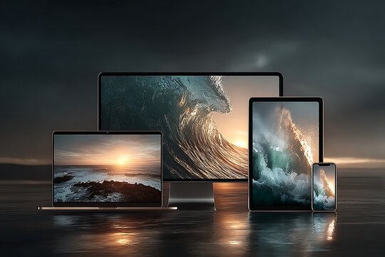 Multiple electronic devices displaying ocean waves technology screens
