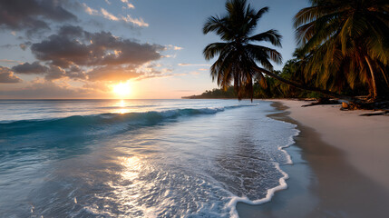 A serene tropical beach with turquoise waters, soft hite sand, and tall palm tees silhouetted against th setting sun.