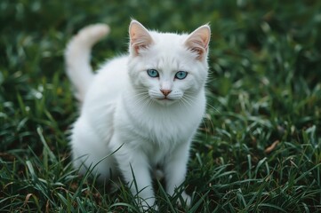 Obraz premium Blue-eyed white feline resting on the lawn