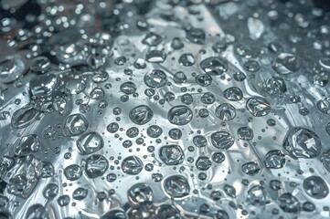 Randomly scattered water droplets of different sizes on a reflective metal surface