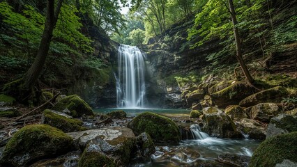 Naklejka premium Peaceful cascade nestled in a vibrant green woodland setting